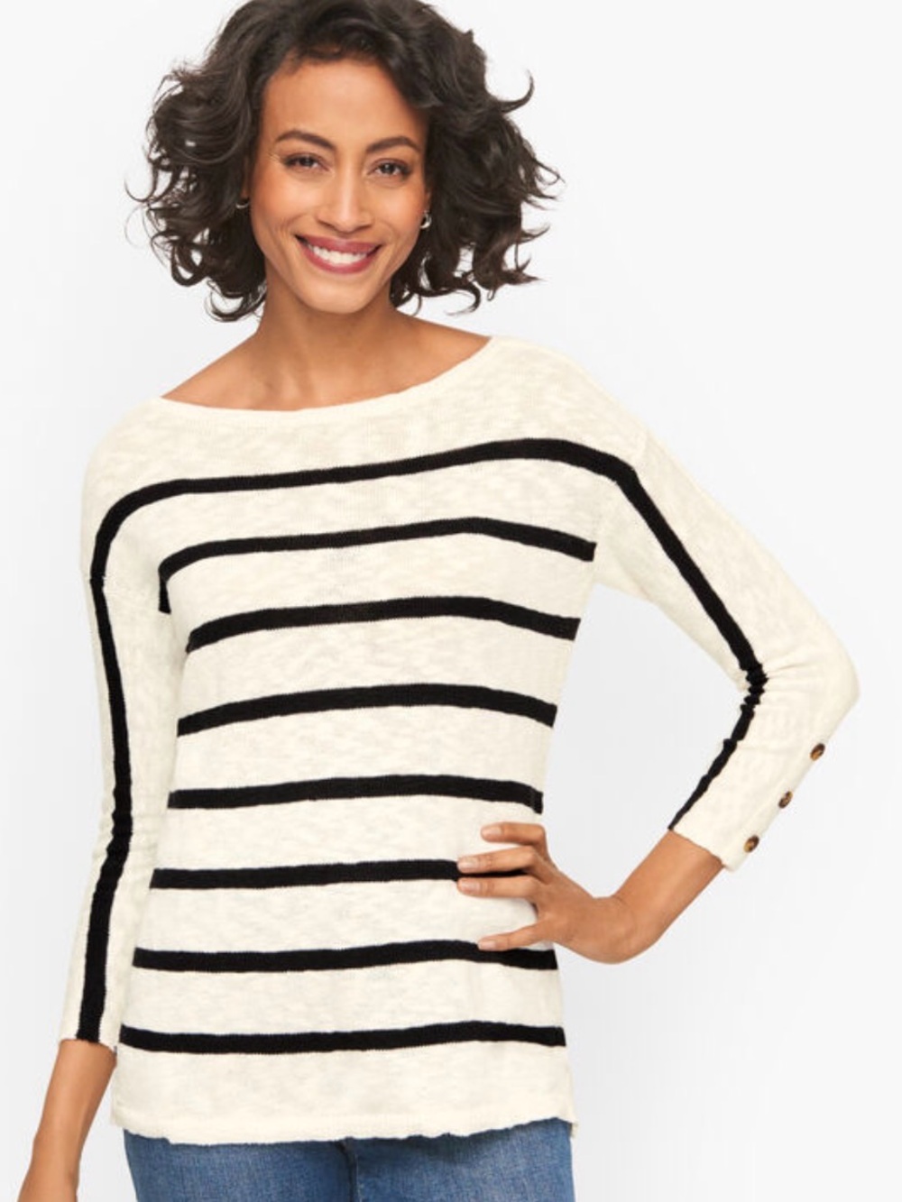 Talbots Cream and Black Striped Boatneck Sweater